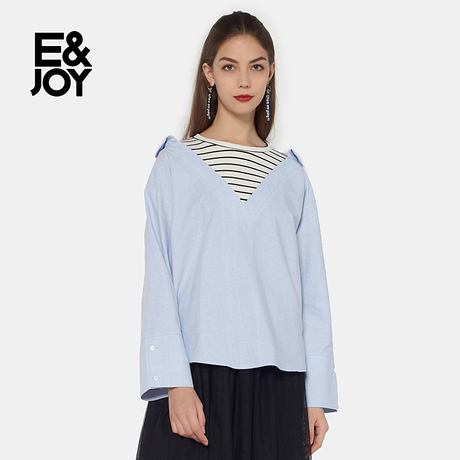 艾格E＆joy个性拼接假两件格子长袖衬衫女M080商品大图