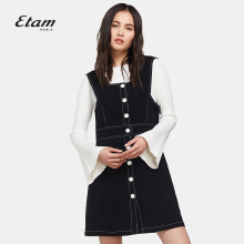 艾格Etam2018纯色纽扣学院风背带连衣裙A字裙M175图片