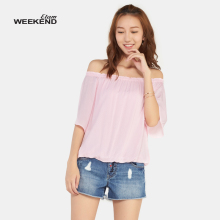 艾格Weekend时尚甜美纯色一字领露肩休闲衬衫女M221图片