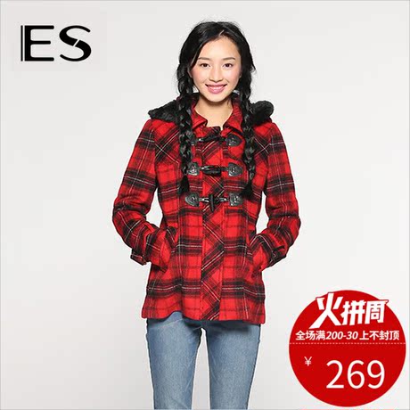 艾格ES毛呢大衣女中长款冬红色格纹连帽C066商品大图