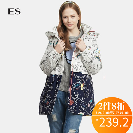 艾格 ES 冬款新品潮流时尚百搭涂鸦卡通拼接连帽棉服女F645商品大图