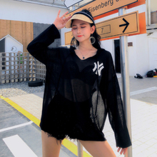 2019潮牌NY防晒衣套头女连帽夏薄款字母冰麻大码透气针织空调帽衫