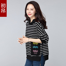 加肥加大码女装胖mm秋装新款韩版显瘦连帽卫衣女宽松条纹帽衫上衣图片