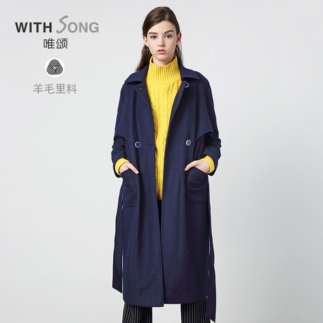 WITHSONG唯颂2017女装时尚翻领长款毛呢外套商品大图