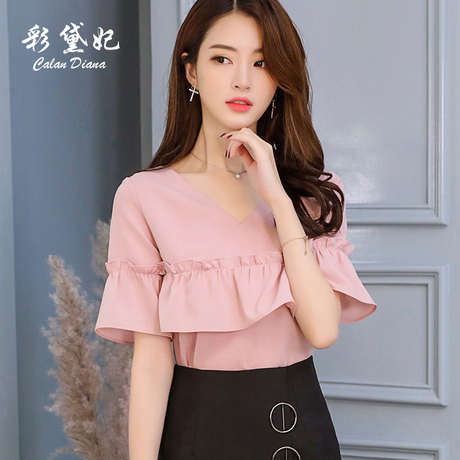 彩黛妃2018春夏新款百搭休闲衬衫纯色韩版衬衣休闲短袖女装雪纺衫商品大图