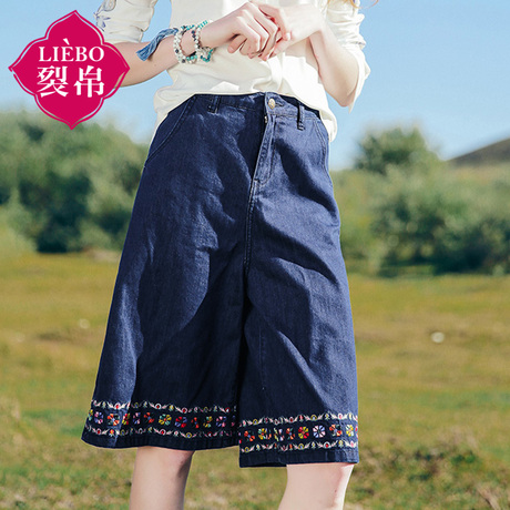 裂帛女装2018夏新款中腰刺绣五分阔腿裤全棉显瘦时尚牛仔裤女商品大图