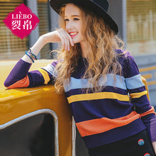 裂帛女装2018秋新款圆领长袖时尚条纹套头衫百搭显瘦毛衣女图片