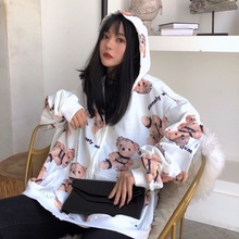 Alonely walk满印小熊连帽拉链开衫外套男女宽松情侣卫衣上衣潮流