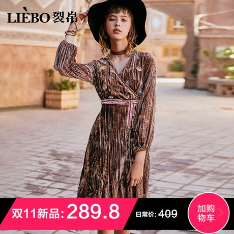 裂帛中长连衣裙女2018秋冬季新款法式复古刺绣气质蕾丝拼接裙子商品大图