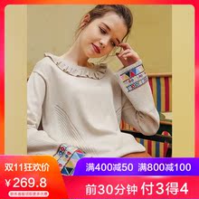 裂帛2018冬季新款圆领花边刺绣木耳边针织衫chic套头长袖毛衣女图片