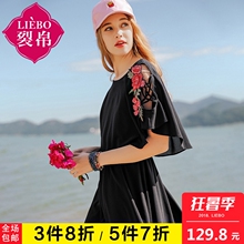 裂帛2018夏新款度假风chic假两件心机露肩A字黑色雪纺连衣裙女图片