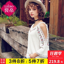 裂帛2018夏装新款唯美文艺花边V领刺绣露肩雪纺中袖衬衫51172759图片