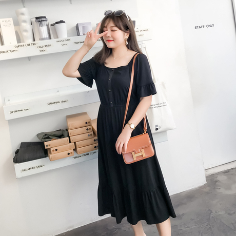 采多宝大码女装2018胖妹妹夏装韩版露肩荷叶摆针织连衣裙潮Q2282商品大图