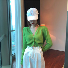 春装新款韩版chic少女感宽松短款上衣漏肚脐长袖开衫针织衫毛衣潮