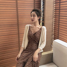 女夏针织上衣防晒开衫 一片式荷叶边碎花打底吊带裙 港味复古套装