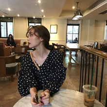 V领漏锁骨宽松上衣夏季波点荷叶边长袖 衬衣女 港味复古chic新款