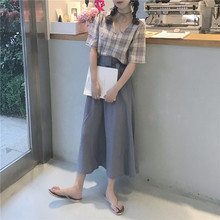 半身裙女 高腰显瘦中长款 上衣衬衫 夏季韩国chic风卷边格子V领短袖