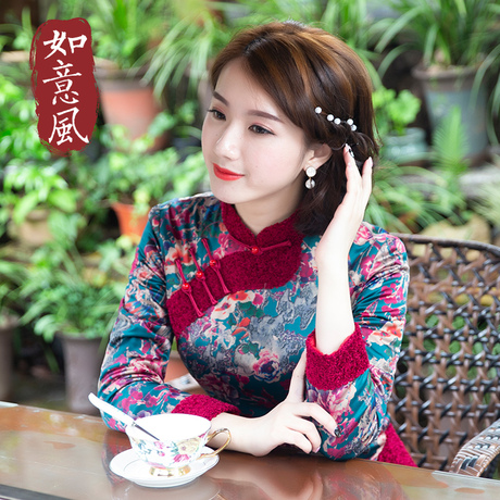 如意风夹棉旗袍冬女长袖上衣秋冬民族风棉衣复古中国风改良版唐装商品大图