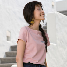 茵曼2018夏季新款修身百搭文艺印花一字领粉色减龄短袖T恤女上衣图片