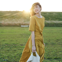 茵曼2018夏装新款系带短袖大A摆优雅气质连衣裙女小清新中长裙子图片