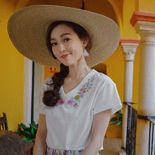 茵曼女装2018夏装新款绣花V领简约百搭纯棉短袖T恤女短款宽松上衣图片