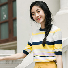 茵曼旗舰店2018初秋新款圆领条纹休闲百搭套头针织衫五分袖上衣女图片