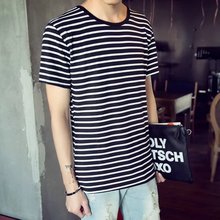体恤男韩版 衣服潮 半袖 短袖 黑白条纹修身 T恤圆领海魂小衫 夏季男士