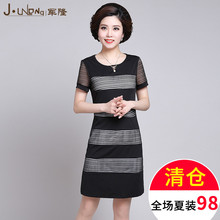 中年女夏装2018新款妈妈连衣裙条纹中老年人短袖显瘦裙子40岁50图片