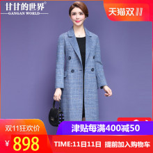 【80%羊毛】甘甘的世界2018秋冬新款西装领格纹毛呢大衣中长款女图片