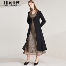 甘甘的世界2018秋装新款女长袖假两件v领南韩丝收腰长款连衣裙图片
