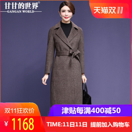 【全羊毛】甘甘的世界2018秋冬装新款格子大码双面呢大衣女中长款商品大图