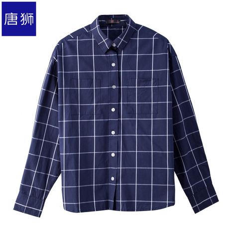 唐狮旗舰店秋衬衫女宽松翻领前胸双口袋格纹衬衣学生少女寸衫商品大图