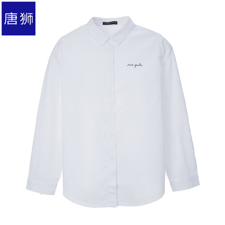 唐狮旗舰店2018冬装新款衬衫女净色绣小字翻领棉质时尚长袖衫商品大图
