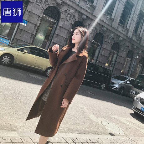 唐狮旗舰店2018冬装新款毛呢外套女翻领双排扣长款呢大衣上衣商品大图
