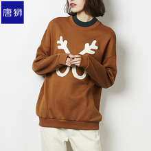 唐狮旗舰店2018冬装新款卫衣女加绒动物绣花假两件半高领套头图片