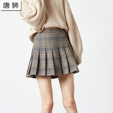 唐狮2018秋装新款半身裙chic短裙百褶裙女格纹少女学生毛呢半短裙商品大图