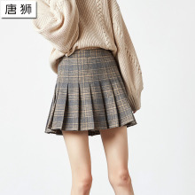 唐狮2018秋装新款半身裙chic短裙百褶裙女格纹少女学生毛呢半短裙图片