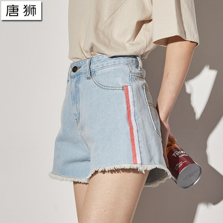 唐狮2018新款牛仔短裤女夏季韩版织带短裤浅蓝宽松阔腿裤高腰毛边商品大图