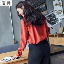 唐狮2017秋装新款女衬衫雪纺纯白色喇叭袖绑带套头长袖衬衣韩范潮图片