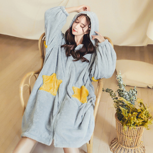 星星睡袍女冬珊瑚绒睡衣女双层加厚长款可外穿睡袍女睡裙家居服