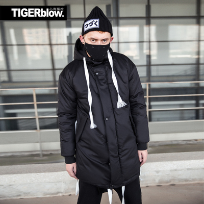 tigerblow冬季潮牌大码男装长款棉衣外套 燕尾开衩连帽棉服大衣