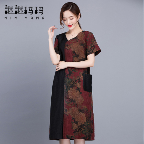 谜谜玛玛夏中老年真丝香云纱连衣裙2019新款V领桑蚕丝妈妈装裙子商品大图