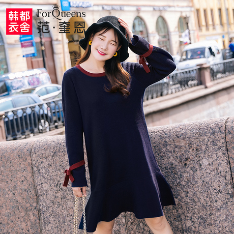范奎恩大码女装2018秋装新款胖MM显瘦腰粗遮肚子胖妹妹针织连衣裙商品大图