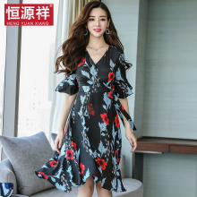 恒源祥桑蚕丝连衣裙女夏2018新款温柔风仙女裙中长款收腰真丝裙子图片