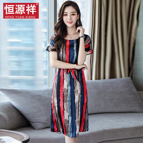 恒源祥民族风真丝连衣裙女夏2018新款慵懒风温柔裙桑蚕丝条纹裙子商品大图