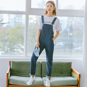 慕兔学院风宽松牛仔背带裤
