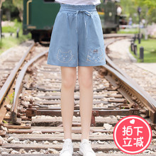 西子小荷花苞裤女高腰短裤2018新款夏季初中生宽松显瘦牛仔阔腿裤图片