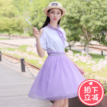 西子小荷紫色连衣裙女夏仙2018新款中学生小清新显瘦露肩网纱裙子图片