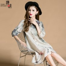 唐朝2019春季欧洲站真丝亚麻连衣裙中长款宽松大码女装中袖衬衫裙图片