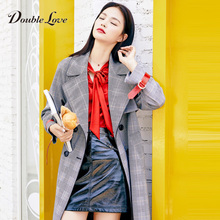 Doublelove贝爱女装2018春秋季新款商场同款格中长款风衣外套图片